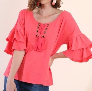 Coral ruffle sleeve top